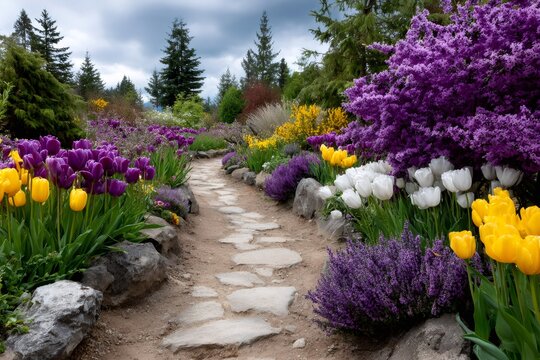 Winding garden path passing colorful spring flowers