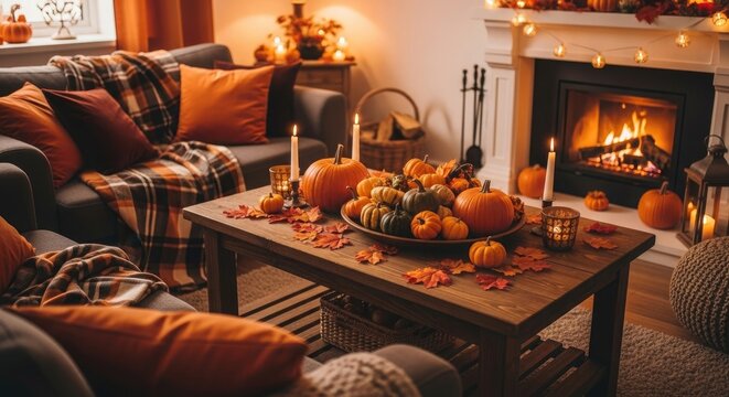Cozy autumn living room with fireplace and pumpkins 1