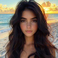 Beautiful girl with long hair standing on the beach at sunset near the ocean