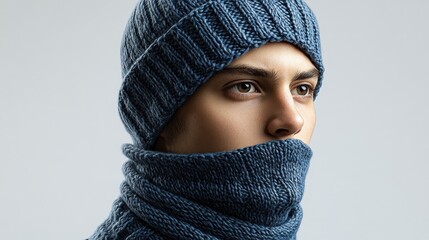 Young man wearing a blue knitted hat and scarf in cold weather setting