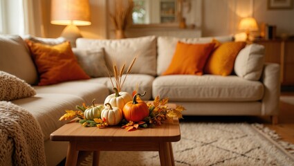 Cozy living room with autumn pumpkin decor on coffee table