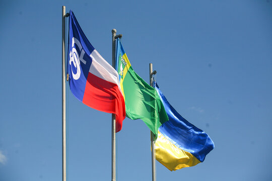 Ukrainian Malyn and Czech Sokol flags flying