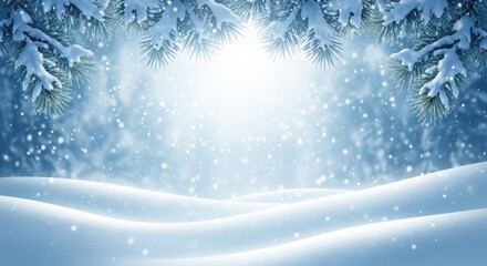 Winter snowfall scene with snowy hills and fir branches isolated on white background