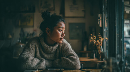 Obraz premium Quiet colored scene of an woman alone, soft window glow, thoughtful expression, emotional stillness, sketchbook in hand, cinematic framing, photorealistic focus, documentary realism, creative 
