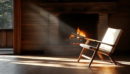 Sunlight streams through a window illuminating a wooden armchair positioned near a cozy fireplace in a rustic wooden cabin