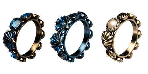 Three Seashell-Inspired Rings with Blue Gems and Pearls jewelry gemstone isolated on a transparent background