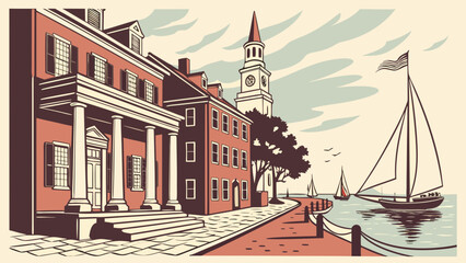 Obraz premium “Old Town Alexandria with colonial buildings and waterfront, nostalgic vector”