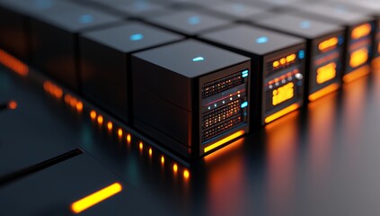 Sleek, modern servers illuminate a data center with warm, vibrant orange lights, showcasing advanced technology