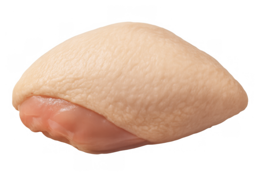 Raw chicken thigh, skin on and boneless, displaying fresh meat texture on a transparent alpha background
