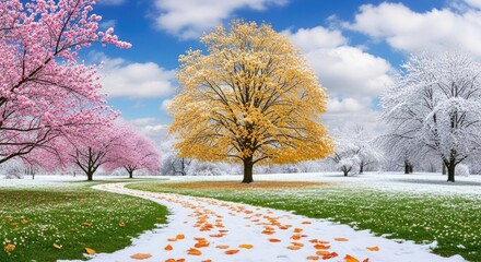 Four Seasons Tree Landscape Path Snow Flowers image