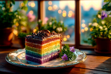 A slice of colorful rainbow layer cake with chocolate frosting on a vintage plate in front of a window.