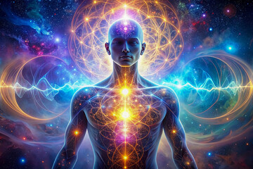 Blue energy and electric light glow around a fractal human head in space, illustrating a science concept of brain power and motion