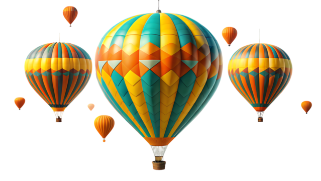 A set of three hot air balloon, isolated on a white or transparent background, cut out on PNG, generated AI