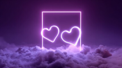 Romantic Neon Hearts Floating in Purple Atmosphere with Glowing Frame
