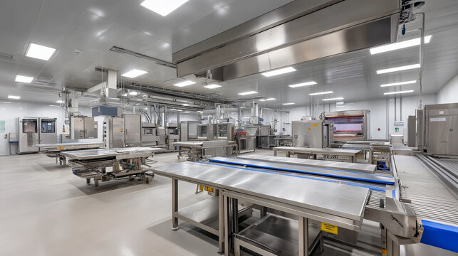 Meat processing plant with stainless steel cutting tables, conveyor belts, automated slicers, bright hygiene-focused lighting, detailed workflow environment. - Powered by Adobe