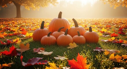 Group of orange pumpkins on grass with autumn leaves
