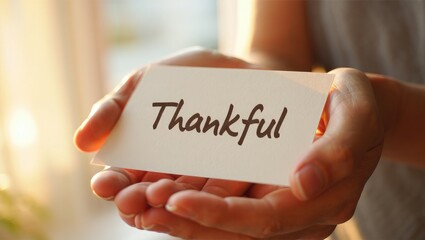 Hands holding a card with the word Thankful gratitude