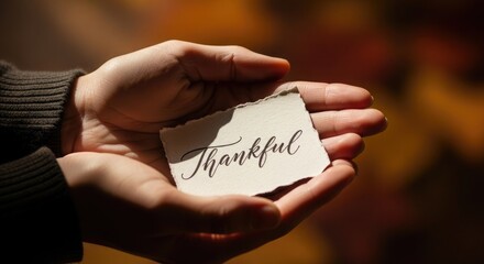 Hands holding paper with word Thankful card