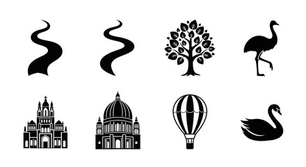 Silhouette icons: trees, animals, buildings, and travel elements