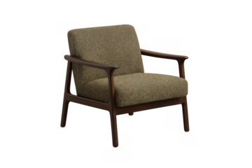 Mid-century modern armchair providing comfort and style, featuring a cozy bouclé upholstery and dark wooden frame