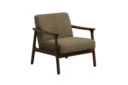 Mid-century modern armchair providing comfort and style, featuring a cozy bouclé upholstery and dark wooden frame