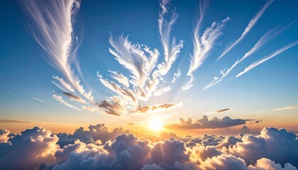 white particle clouds floating across the sky at sunrise