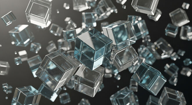 Abstract glass cubes floating in space with dynamic light reflections, perfect for technology and data visualization projects