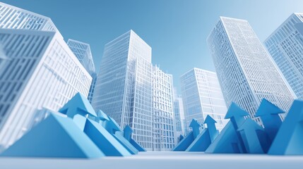 Business growth and career development in a modern futuristic city with towering skyscrapers and upward pointing blue arrows under a clear sky.