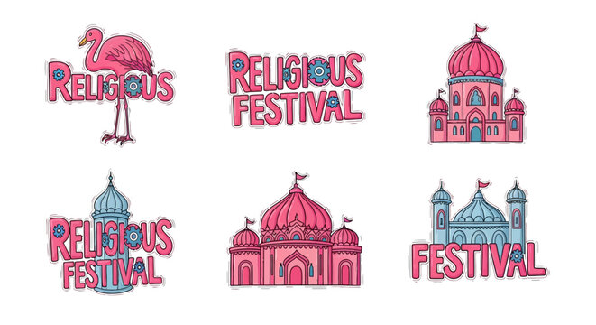 Colorful religious festival designs with flamingo and mosque illustrations
