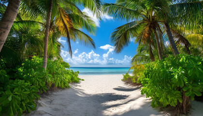 Sandy path leads to ocean beach among rich tropical plants. Palm trees overhang shore with calm turquoise water lagoon
