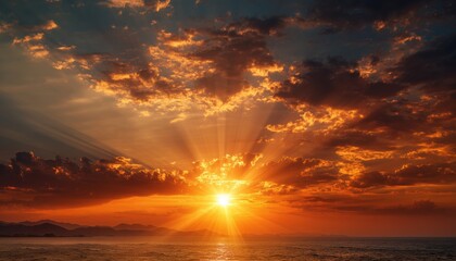 Golden Hour At Warm Sea: A Mesmerizing Display Of Red, Orange, And Yellow Sunlight With Dramatic Clouds Over Horizon.
