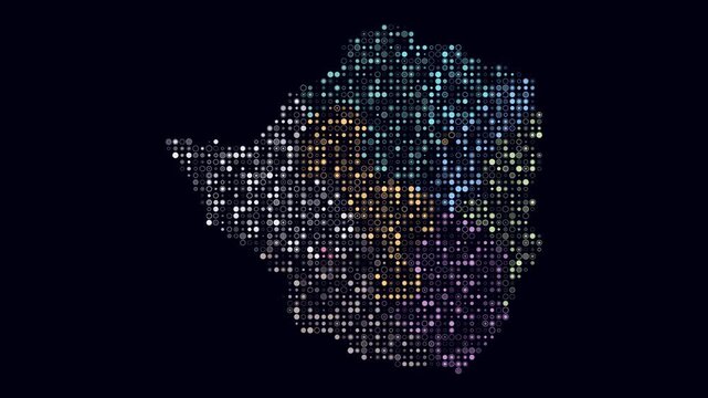 Zimbabwe animated country shape. Pulsating colored dots on the map of the country. Small size circle blocks. Digital style Zimbabwe map on dark background. Plain animation video.