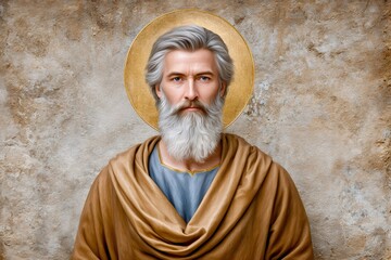 Naklejka premium Saintly man with beard and halo portraying religious icon