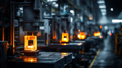 Plastic injection molding factory, molten plastic filling molds, detailed machinery, warm industrial lights, macro realism.