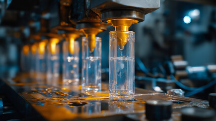 Plastic injection molding factory, molten plastic filling molds, detailed machinery, warm industrial lights, macro realism.