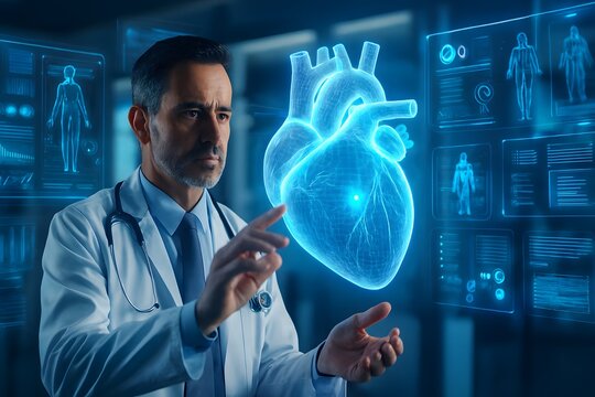 A professional doctor in a modern hospital uses advanced holographic medical technology to analyze a 3D heart model. Futuristic transparent screens display medical charts, human anatomy, and digital