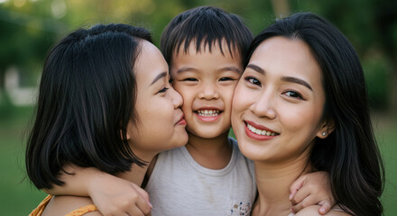 Joyful family moment with two loving mothers embracing their happy child outdoors, celebrating togetherness and unconditional love