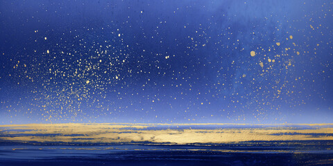 Naklejka premium Ultramarine blue sky with gold splatter horizon. Elegant abstract nightscape.