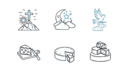 Naklejka premium Minimalist nature and cheese symbols: cross, moon, dove, and cheese illustrations