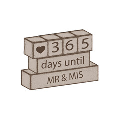 A stacked block display showing a countdown with heart, numbers, days until, and mr and mis text © Farhan