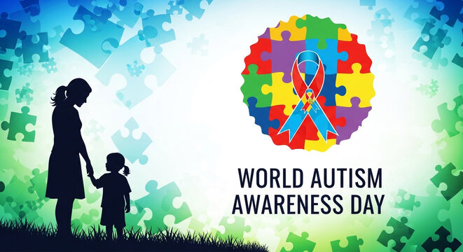 World Autism Awareness Day concept featuring mother and child silhouette, puzzle pieces, and a ribbon, promoting understanding and support