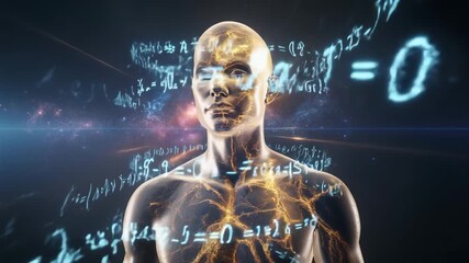 Abstract human figure surrounded by equations and formulas in a cosmic setting - Powered by Adobe