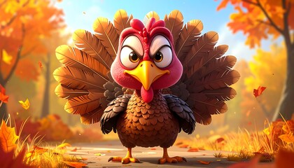 Cartoon Turkeys Grumpy Thanksgiving Stance in Autumnal Setting.