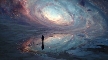 A solitary figure stands before a swirling galaxy reflected in a still pool, a cosmic mirror showcasing the vastness of space and the beauty of the universe