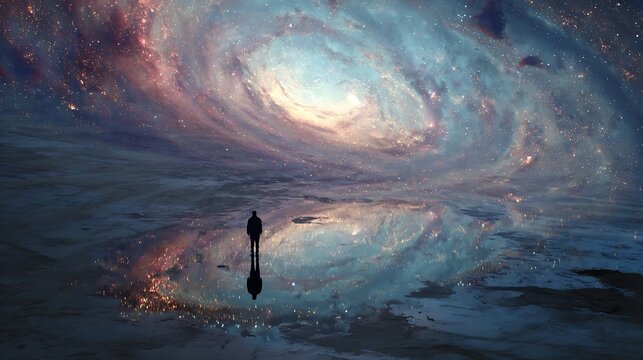 A solitary figure stands before a swirling galaxy reflected in a still pool, a cosmic mirror showcasing the vastness of space and the beauty of the universe