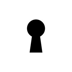 A stark black keyhole silhouette representing privacy, secrecy, access, opportunity, and enigma on white.