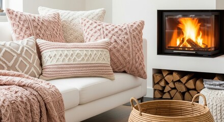 Cozy living room with a warm fireplace and knitted pillows creates a comforting atmosphere during cold evenings