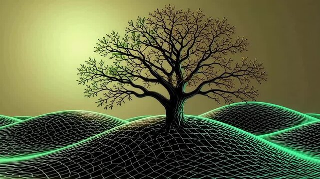 Abstract tree landscape animation with glowing grid hills and nature background concept design art 3d