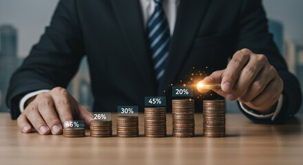 Businessman visualizing financial growth with coins, demonstrating investment strategy and market success in modern business setting