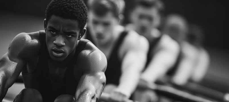 Black and White High-Contrast Photo of Rowers Mid-Pull in Timeless Athletic Style